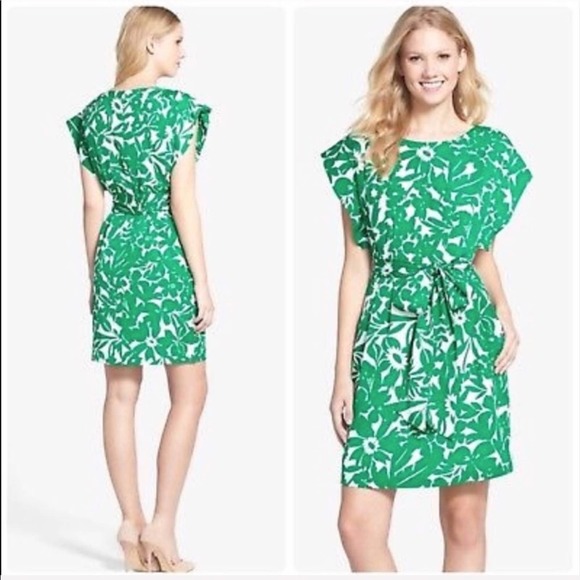 Eliza J Flutter Sleeve green Floral belted Dress - Picture 1 of 7